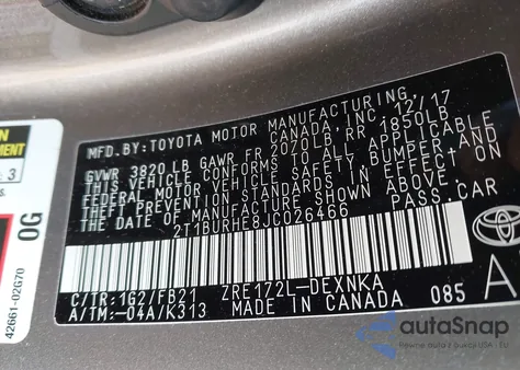 2018 Toyota Corolla Le из США, поврежденный, VIN 2T1BURHE8JC026466